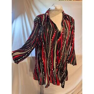 Black Red orizontal striped Stretchy long flared sleeve BNWT artsy blouse PLUS